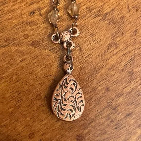 1928 Yellow Moon Crystal Teardrop Copper Tone Pendant Necklace Vintage Style - Picture 5 of 6